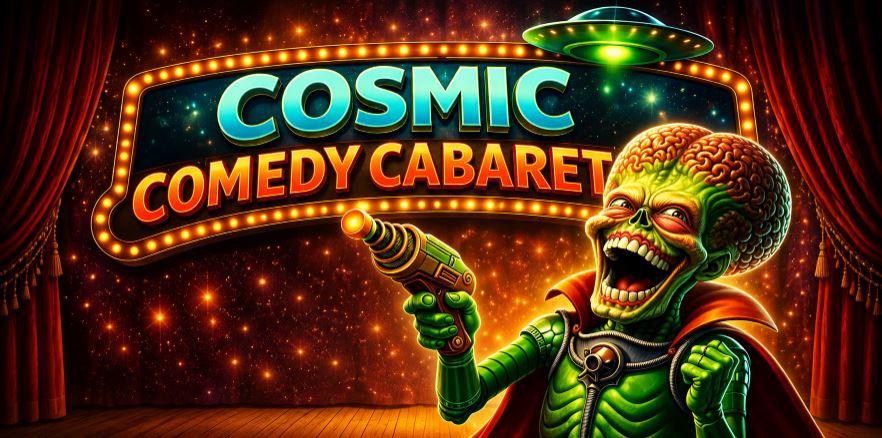 Laughing green alien aims a ray gun as a UFO flies overhead, in front of a stage with red curtains.