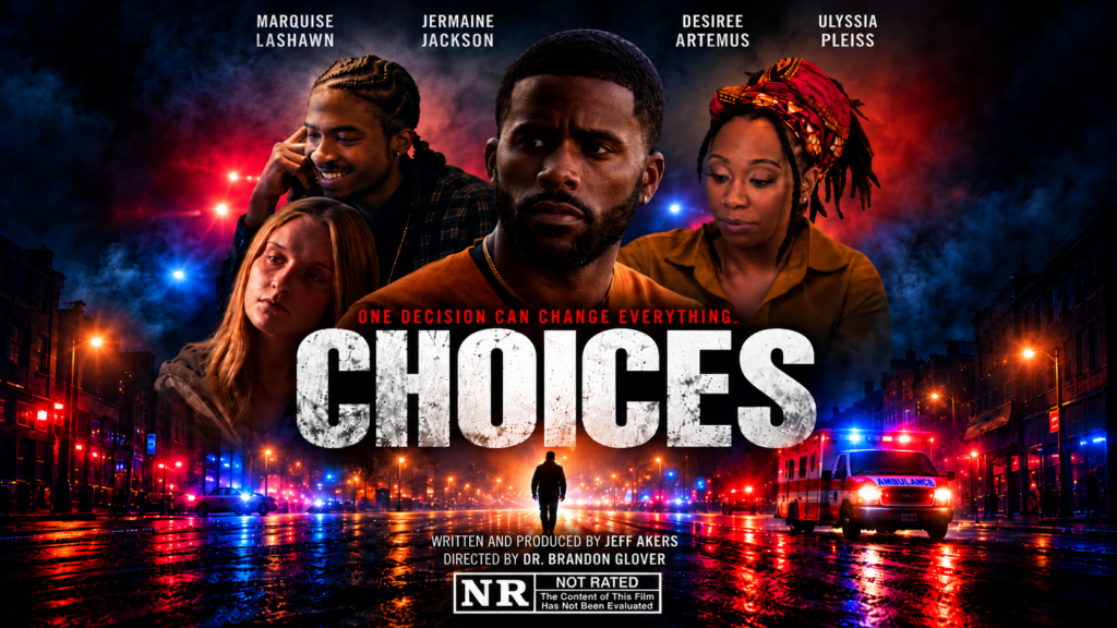 Promo graphic for Choices with members of the cast and colorful lighting.