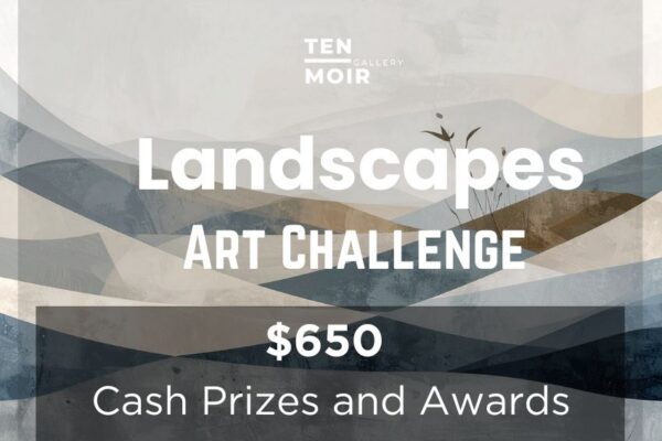An abstract, stylized landscape painting with shapes of rolling hills or sand dunes, in grays and browns.